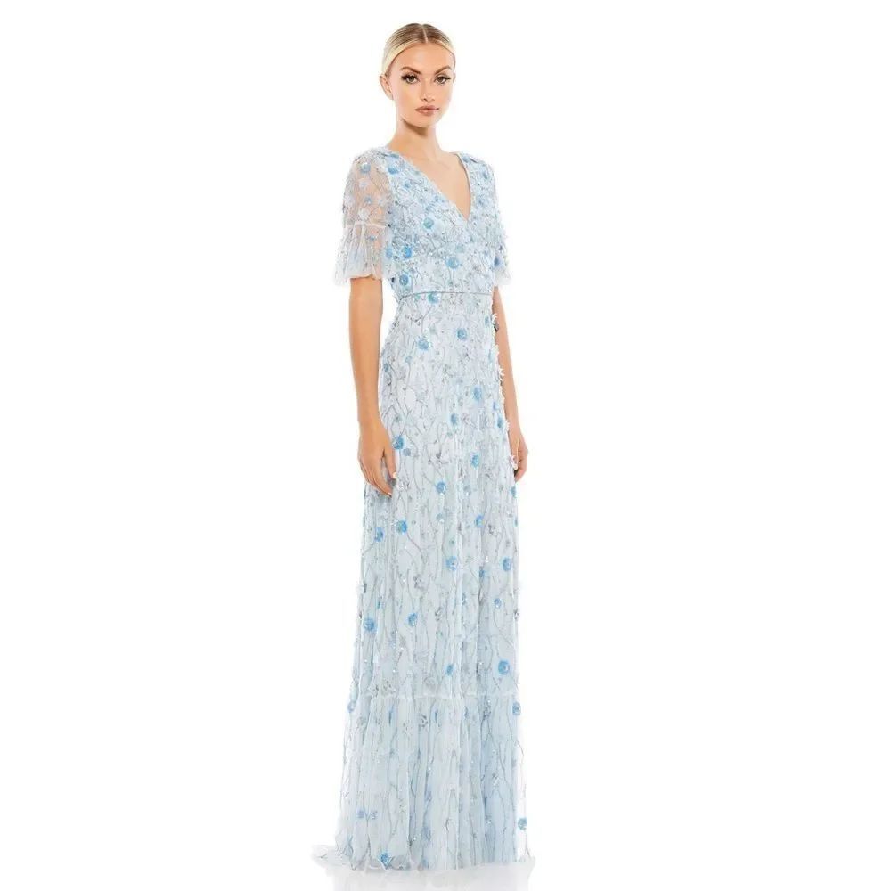 Mac Duggal EMBELLISHED V NECK EMPIRE WAIST RUFFLE HEM GOWN/ size 10